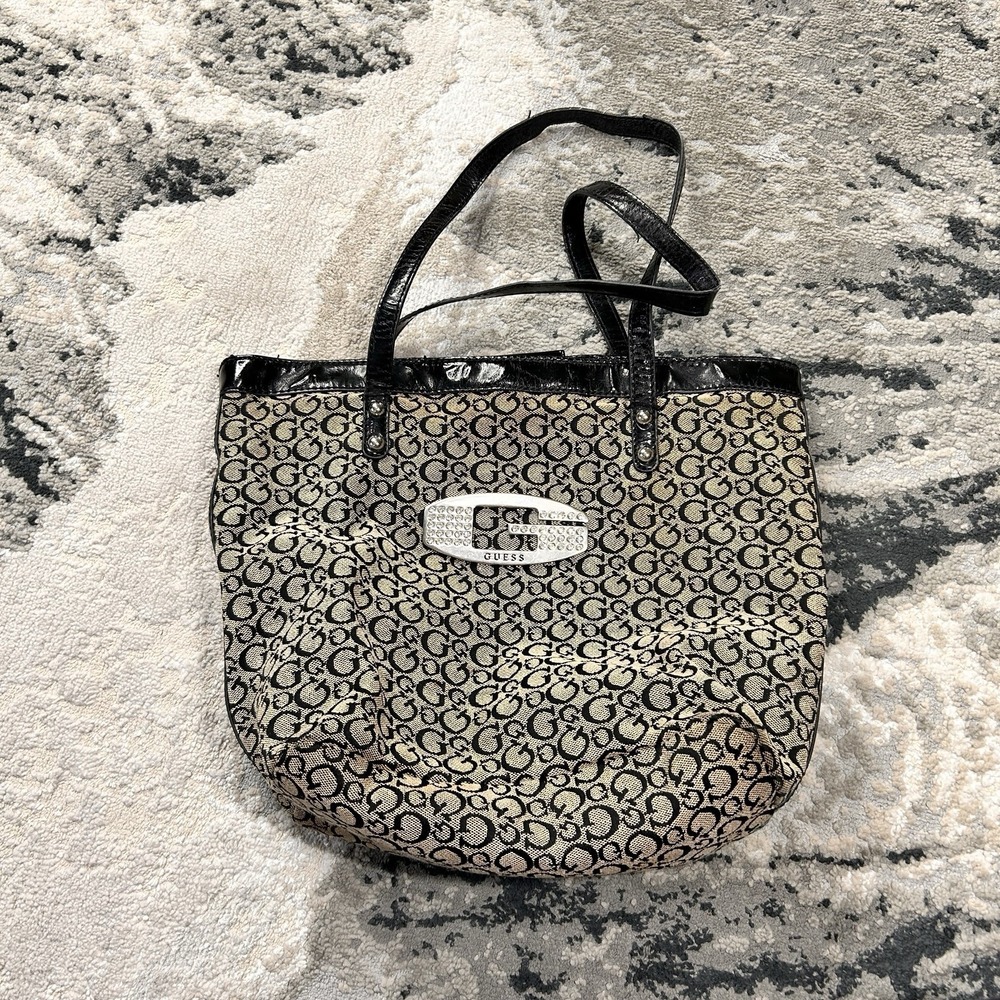 Vintage Y2K GUESS Monogram Canvas Tote Bag with Rhinestone Logo and Patent Trim‎